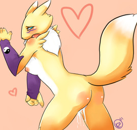anthro blue_eyes bodily_fluids breasts butt chest_tuft female fur genital_fluids heart_symbol nipples open_mouth solo tuft vaginal_fluids white_body white_fur yellow_body yellow_fur yin_yang kitsunewaffles-chan bandai_namco digimon canid canine digimon_(species) mammal renamon 2011 dated digital_media_(artwork) shaded