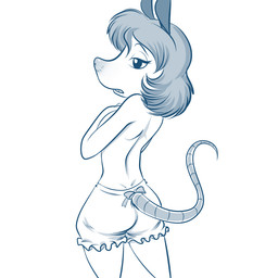 accessory anthro bedroom_eyes black_eyes bloomers bottomwear bow_(feature) bow_accessory bow_ribbon breasts butt clothed clothing eyebrows eyelashes female frilly frilly_bloomers frilly_bottomwear frilly_clothing furgonomics hair half-closed_eyes looking_at_viewer looking_back narrowed_eyes open_mouth presenting presenting_hindquarters ribbons seductive side_boob simple_background solo tail tail_accessory tail_bow tail_ribbon topless white_background lonbluewolf the_tale_of_jasper_gold maude_o'dell american_opossum mammal marsupial virginia_opossum 1:1 2016 blue_and_white digital_media_(artwork) monochrome