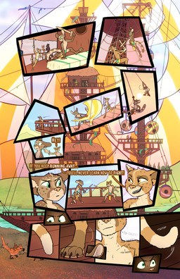 anthro dialogue duo kite_tower male melee_weapon nonsexualized_young onomatopoeia outside sound_effects sword swordfight text weapon wooden_sword fek the_sparks_of_daybreak fekkri_talot rikken_talot avian bird canid canine catfolk euplerid felid feline fossa fox mammal absurd_res comic hi_res