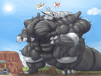 3_fingers 3_toes anthro anthrofied big_muscles black_body blue_eyes blue_sky bottomwear brown_hair claws clothed clothing cloud day duo feet fingers front_view grass grey_claws hair holding_object huge_muscles hyper hyper_muscles light macro male muscular muscular_male nude outside pants plant pokemorph shirt size_difference sky smaller_human solo_focus standing sun toes topwear signirsol nintendo pokemon aggron generation_3_pokemon human mammal pokemon_(species) 2016 colored digital_media_(artwork) full-length_portrait portrait shaded