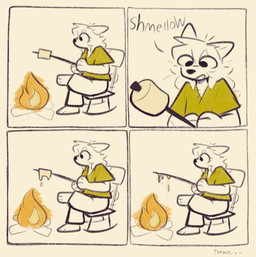anthro campfire candy chair clothed clothed_anthro clothed_male clothing dessert food furniture male male_anthro marshmallow simple_background sitting solo goopystem_(artist) make_a_terrible_comic_day kipper_(goopystem) domestic_cat felid feline felis mammal 2025 comic hi_res