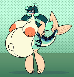 accessory anthro areola belly big_areola big_breasts big_nipples breasts eyewear female fin fish_tail glasses green_body green_hair hair hair_accessory huge_areola huge_breasts huge_nipples hyper hyper_breasts hyper_pregnancy lipstick makeup multicolored_hair navel nipples non-mammal_breasts orange_eyes orange_nipples outie_navel pattern_background pigtails pregnant pregnant_female puffy_areola puffy_nipples simple_background solo striped_body stripes two_tone_hair sprucy aquatic fish mackerel scombrid scombriform