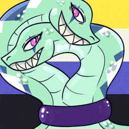 2_heads ambiguous_gender anthro apode blue_body blue_scales choker green_body green_scales grin jewelry legless lgbt_pride multi_head necklace nonbinary_pride_colors pink_eyes pride_color_background pride_colors pupils purple_choker purple_jewelry purple_necklace scales serpentine simple_background slit_pupils smile smiling_at_viewer solo white_body white_scales shichimen rene_taxel draconcopode naga reptile scalie snake snake_naga 1:1 2025 headshot_portrait icon portrait nonbinary_(lore)