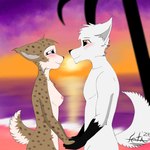 anthro beach black_body black_fur black_nose blue_eyes blush blush_lines brown_body brown_fur brown_nose cute_fangs duo ear_tuft ears_back fangs female fur hand_holding looking_at_another male male/female nipples orange_eyes palm_tree pink_nipples pivoted_ears plant sea smile spots sunset teeth tree tuft water white_body white_fur fox_of_the_arctic arctic_fox canid canine felid feline fox lynx mammal true_fox 1:1 hi_res