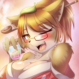 alcohol amber_eyes anthro beverage big_breasts blush breasts brown_body brown_fur brown_hair cleavage clothed clothing drunk eyewear female fur glass glasses hair half-closed_eyes holding_glass holding_object inner_ear_fluff leaf narrowed_eyes one_eye_closed open_mouth pipe smile smoke smoking_pipe solo substance_intoxication teeth tongue tuft white_body white_fur wink tailzkim canid canine mammal raccoon_dog tanuki 1:1 2015 hi_res