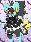 accessory anthro black_hair blue_body bottomwear breasts clothed clothing collar female hair jacket kerchief shirt shorts solo tail topwear yellow_eyes lewdchuu_(artist) nintendo pokemon team_skull grunt_(pokemon) juno_(lewdchuu) skull_grunt generation_4_pokemon luxray pokemon_(species)