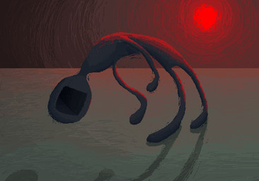 ambiguous_gender black_face blue_body blue_skin green_body green_skin leaning red_sun solo sun surrealism demensa alien humanoid 2025 digital_media_(artwork) hi_res pixel_(artwork)