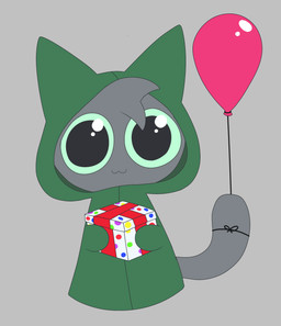 :3 balloon balloon_tied_to_tail birthday bound cloak clothed clothing container green_clothing grey_background grey_body holding_container holding_object holding_present inflatable looking_at_viewer male pink_balloon simple_background smile solo tail tail_tied tied_to_balloon toony gooblie_2 isaac_(gooblie_ii) domestic_cat felid feline felis mammal absurd_res digital_media_(artwork) hi_res