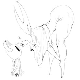 2_horns 5_fingers ambiguous_gender biped bodily_fluids butt cloak clothing duo female fingers hollow_eyes horn looking_at_another side_view simple_background sweat sweatdrop white_background jotmanlol hollow_knight_(franchise) team_cherry hornet_(hollow_knight) the_knight_(hollow_knight) arthropod vessel_(species) 2025 hi_res monochrome half_sister_(lore) sibling_(lore) sister_(lore)