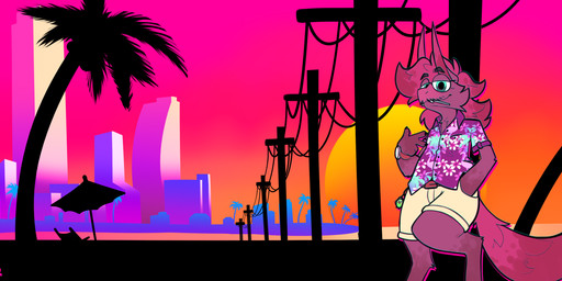 beach claws clothed clothing detailed_background fur hair looking_at_viewer male outside palm_tree plant purple_sky seaside sky skyline smile solo tail tree water lechecker checker fan_character venelbris absurd_res hi_res