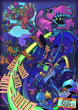 anthro blonde_hair boots cape clothing female footwear fur group hair hat headgear headwear male mask melee_weapon quad_skates rapier roller_skates shoes smile sword weapon yellow_body yellow_fur koyubidododo bandai_namco digimon digimon_(species) dogmon extyrannomon nyabootmon shoeshoemon hi_res