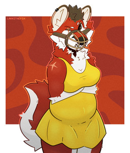 anthro clothing crossed_arms dress ear_piercing ear_ring female fur inner_ear_fluff muzzle_(object) piercing red_body red_fur ring_piercing solo sundress tail tuft lakkithefox canid canine canis domestic_dog mammal absurd_res hi_res