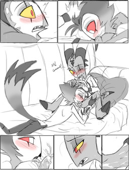 anthro anthro_penetrated balls blush bodily_fluids bottomless bottomless_humanoid bottomless_male bottomwear clenched_teeth clothed clothing cum cum_from_mouth cum_in_mouth cum_inside cum_on_belly cum_on_body cum_on_penis cum_on_tongue cum_string cumshot cumshot_in_mouth deep_throat dialogue duo ejaculation erection eyes_closed feet fellatio fingers furniture genital_fluids genitals hair half-closed_eyes holding_head hoodie horn humanoid_genitalia humanoid_on_anthro humanoid_penetrating humanoid_penetrating_anthro humanoid_penis lying male male/male male_penetrating narrowed_eyes on_back on_front one_eye_closed open_mouth oral oral_penetration orgasm orgasm_face pants penetration penile penis penis_in_mouth pillow red_eyes sex shirt simple_background sofa sofa_sex spread_legs spreading tail teeth text tongue tongue_out topwear angelofhapiness hellaverse helluva_boss blitzo_(helluva_boss) stolas_(helluva_boss) avian bird demon humanoid imp owl owl_demon comic digital_media_(artwork) english_text hi_res monochrome sketch