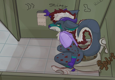 2_horns 4_fingers bathroom clenched_teeth clothing ears_back feces fingers fur graffiti grey_body grey_fur hair high-angle_view horn inner_ear_fluff inside leaning leaning_forward looking_back male multicolored_body multicolored_fur pivoted_ears pooping pooping_in_toilet public_restroom purple_clothing purple_hands purple_horn purple_sweater purple_topwear red_body red_fur restroom_stall side_view sitting sitting_on_toilet solo sound_effects sweater teeth text toilet toilet_paper topwear tuft two_tone_body underwear white_body white_fur wooweeree lyonel_(lyonelhy) canid canine canis mammal wolf 2026 english_text hi_res