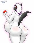 anthro anthrofied belly big_belly big_breasts big_butt black_body black_fur blush breasts butt curvy_figure female fur hair holding_object holding_pokeball looking_at_viewer looking_back multicolored_hair nude pokeball pokemorph pregnant pregnant_anthro pregnant_female purple_hair red_eyes solo standard_pokeball standing thick_thighs voluptuous white_body white_fur white_hair wide_hips gyro-furry nintendo pokemon gemma_sol absol generation_3_pokemon pokemon_(species) hi_res