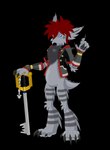 anthro arm_warmers armwear blue_eyes bottomless claws clothed clothing ears_back featureless_crotch fur gloves grey_body grey_fur hair handwear jewelry keyblade male markings melee_weapon necklace pivoted_ears red_hair simple_background solo standing striped_markings stripes tail transparent_background weapon zarjhan_mary kingdom_hearts square_enix monster_sora_(character) sora_(kingdom_hearts) deishun_(species) monster alpha_channel