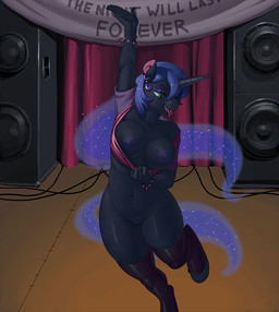anthro anthrofied areola big_breasts blue_hair bottomless breasts clothed clothing curvy_figure ear_piercing exposure_variation female flashing genitals hair horn legwear midriff navel nipples piercing raised_arm solo speaker stage stockings text thick_thighs tongue tongue_out tongue_piercing voluptuous vulva kevinsano friendship_is_magic hasbro my_little_pony mythology nightmare_moon_(mlp) equid equine mammal mythological_creature mythological_equine unicorn 2015 digital_media_(artwork) english_text