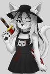 :3 alternative_fashion anthro arm_tuft blood bodily_fluids claws clothed clothing dress elbow_tuft female flat_chested fur furgonomics gesture goth hat headgear headwear inner_ear_fluff looking_at_viewer melee_weapon one_eye_closed pawpads simple_background smile solo sword tuft waving waving_at_viewer weapon white_background white_body white_fur wink caucau123 nyra_(caucau123) domestic_cat felid feline felis mammal hi_res