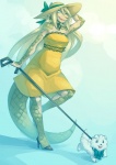 anthro clothing domestic_pet dress duo ear_piercing female feral footwear furries_with_pets hat headgear headwear high_heels jewelry lace leash modelling piercing ribbons scales shoes yellow_clothing yellow_dress fetalstar chimangetsu dahlia_(chimangetsu) canid canine canis domestic_dog mammal pangolin hi_res