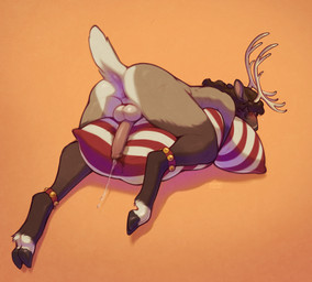 anthro antlers anus balls bodily_fluids brown_body brown_fur brown_hair butt cloven_hooves cum cumshot dock_(anatomy) ejaculation erection fur genital_fluids genitals grinding hair hooves horn humanoid_genitalia humanoid_penis jingle_bell_legband long_hair male masturbation nude nude_anthro nude_male orange_background penile penile_masturbation penis pillow pillow_humping prone_masturbation short_tail simple_background solo tail seraphictiger kristian_hirschkoff deer mammal