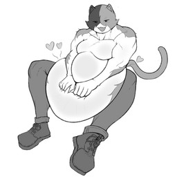 abdominal_bulge anthro belly big_belly clothed clothing fur hand_on_belly hands_on_own_belly heart_symbol huge_belly male moobs muscular open_mouth simple_background sitting smile solo tail teeth topless eoh epic_games fortnite meowscles calico_cat domestic_cat felid feline felis mammal 2026 hi_res monochrome