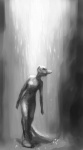 anthro biped female outside raining simple_background solo standing ymxa felid mammal greyscale monochrome