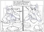 4:3 anthro cake canid canine comic container cup cutlery dessert dialogue eating english_text faf female food happy hetty_(faf) holding_object holding_spoon jimmy_(faf) kitchen_utensils male mammal monochrome slightly_chubby smile spoon text tools