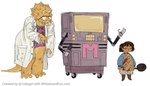 2_horns ambiguous_gender anthro apron beak clothing coat electronics group horn lab_coat machine microphone topwear trio 1inkygirl undertale undertale_(series) alphys frisk_(undertale) mettaton dinosaur human mammal prehistoric_species reptile robot scalie
