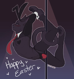 accessory anthro balls_outline black_body black_fur black_nose blush blush_lines body_hair bulge bunny_ears_headband clothing costume curling_tail dancing detailed_bulge fake_ears fake_rabbit_ears flexible fur genital_outline glaring glaring_at_viewer happy_trail heart_pasties holidays long_tail male multi_eye necktie pasties pawpads paws pole pole_dancing pubes reverse_bunny_costume solo tail thong underwear thiritherabbit cult_of_the_lamb easter massive_monster_(studio) narinder domestic_cat felid feline felis mammal hi_res