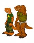 2017 age_difference anthro bald barefoot black_claws bottomwear brown_body brown_scales bulge claws clothed clothing dinosaur dj_mixer_(character) duo father_(lore) father_and_child_(lore) father_and_son_(lore) feet green_clothing green_shirt green_topwear hi_res humanoid_hands jewelry larger_male male mature_anthro mature_male necklace older_male orange_body orange_scales orf pants parent_(lore) parent_and_child_(lore) parent_and_son_(lore) partially_clothed pupils reptile scales scalie scar sharp_teeth shirt simple_background size_difference slit_pupils slouching smaller_male son_(lore) standing tail teeth thick_tail topwear underwear white_background wristband yellow_eyes younger_male
