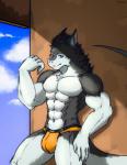 abs anthro athletic biceps big_muscles blue_eyes bulge claws clothed clothing countershading flexing front_view fur grey_body grey_fur hair jockstrap looking_at_viewer male multicolored_body multicolored_fur muscular muscular_anthro muscular_male navel obliques open_mouth pecs pose solo tail topless triceps two_tone_body two_tone_fur underwear v-cut white_body white_countershading white_fur 牧罗穆灬阿 discordnight mammal sergal absurd_res hi_res portrait three-quarter_portrait