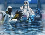 anthro bathing beak blue_eyes blue_hair brown_eyes feathered_wings feathers feet female genitals group hair night nipples nude partially_submerged pussy sitting spread_legs spreading talons toes towel water white_hair wings lazydoogan julia_autio avian bird owl 2013