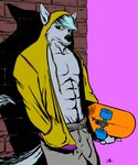 anthro clothing junk male skateboard solo street sweats vehicle tentreesart wolfman canid canine canis humanoid mammal wolf 5:6 absurd_res hi_res andromorph_(lore)