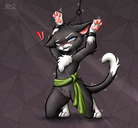 abstract_background anthro arm_tuft arms_above_head bdsm black_body black_fur blue_eyes blush bodily_fluids bondage bottomless bound cheek_tuft chest_tuft clenched_teeth clothed clothing crying cuff_(restraint) elbow_tuft embarrassed exclamation_point eyebrows facial_tuft female feral fluffy fur fuzzy genitals head_tuft kneeling looking_at_viewer mostly_nude motion_lines narrowed_eyes one_ear_up pawpads questionable_consent raised_arm restrained restrained_arms restraints sash shaking shy solo submissive submissive_anthro submissive_female sweat tail tears teeth text topless torture_device tremble_spikes trembling tuft vulva whiskers nightfury2020 dreamworks puss_in_boots_(franchise) kitty_softpaws domestic_cat felid feline felis mammal tuxedo_cat hi_res