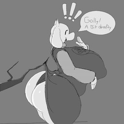 accident accidental_exposure anthro big_breasts big_butt branch breasts butt clothing dialogue exclamation_point eyelashes female horn huge_breasts huge_butt huge_hips huge_thighs mature_anthro mature_female nipple_outline overweight overweight_anthro overweight_female panties robe robe_lift solo speech_bubble text thick_thighs underwear wide_hips nerobero0 undertale_(series) toriel bovid caprine goat mammal 1:1 english_text monochrome