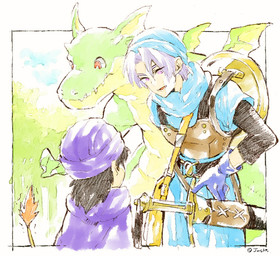 anthro armor black_hair blue_clothing blue_gloves blue_handwear blue_hat blue_headwear blue_shirt blue_topwear blue_tunic brown_armor claws cloak clothing fangs female gloves green_body grey_hair group hair handwear hat head_wings headgear headwear leather leather_armor male membrane_(anatomy) membranous_wings purple_cloak purple_clothing purple_eyes purple_hat purple_headwear raised_tail red_eyes sharp_teeth shield shirt tail teeth topwear trio tunic unusual_wing_placement white_claws white_hair wings jasuko dragon_quest dragon_quest_v dragon_quest_vi mythology square_enix hero_(dq5) hero_(dragon_quest_v) lizzie_(dragon_quest) saber_(dragon_quest) terry_(dragon_quest) dragon great_sabrecat great_sabrecub hacksaurus human mammal mythological_creature mythological_scalie scalie painting_(artwork) watercolor_(artwork)