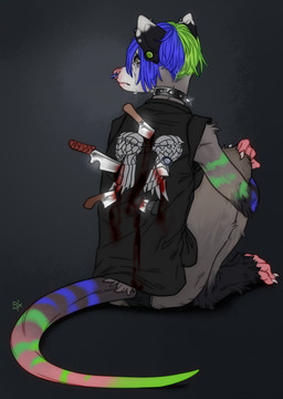 anthro black_body black_clothing black_fur black_panties black_topwear black_underwear blood blue_hair blue_stripes bodily_fluids clothed clothing crying ear_piercing facial_piercing female fur gauged_ear glistening glistening_eyes green_eyes green_hair green_stripes grey_background grey_body grey_fur hair knife logo markings mouth_closed multicolored_hair nose_piercing nose_ring panties piercing ring_piercing septum_piercing septum_ring simple_background sitting solo striped_markings striped_tail stripes tail tail_markings tears three-quarter_view topwear two_tone_hair underwear wounded riorix american_opossum mammal marsupial 2019 artist_logo dated digital_drawing_(artwork) digital_media_(artwork) flat_colors full-length_portrait hi_res portrait