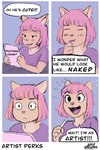 apple_pencil artist bed blush dialogue drawing_tablet excited fantasizing female furniture hair pink_hair realization solo speech_bubble stylus tablet_computer text wild_strokes apple_inc. ipad domestic_cat felid feline felis mammal comic english_text hi_res