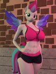 2023 3d_(artwork) abs anthro anthrofied athletic athletic_anthro athletic_female athletic_wear belly big_breasts bottomwear bra breasts clothing comic digital_media_(artwork) equid equine female gym_bottomwear gym_shorts hair hand_on_hip hand_on_leg hasbro hi_res horse looking_at_viewer mammal mlp_g5 multicolored_hair multicolored_wings my_little_pony mythological_creature mythological_equine mythology navel olkategrin outside pegasus pony shorts smile smiling_at_viewer solo source_filmmaker sport sports_bra sportswear spread_wings tail underwear wall_(structure) widescreen wings zipp_storm_(mlp)