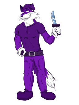 5_fingers anthro belt bottomwear clothed clothing dagger dipstick_tail eyebrows fingers footwear fur gloves handwear hat headgear headwear holding_object holding_weapon male markings melee_weapon multicolored_body multicolored_fur pants purple_body purple_eyebrows purple_eyes purple_fur purple_nose shirt shoes simple_background smile smirk solo standing tail tail_markings topwear weapon white_background shade_okami canid canine fox mammal 3:4 shaded