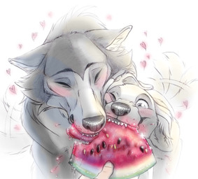 blush cheek_tuft disembodied_hand duo_focus eating eyes_closed facial_tuft feral feralized food fruit fur group heart_symbol male melon plant tuft watermelon deygira-blood beastars jack_(beastars) legoshi_(beastars) bird_dog canid canine canis domestic_dog hunting_dog labrador mammal retriever wolf 2020
