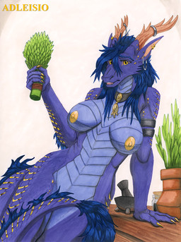 anthro armband big_breasts blue_hair breasts choker countershading ear_piercing ear_ring female furniture glass_jar gold_(metal) gold_accents gold_areola gold_ear_ring gold_irises gold_jewelry gold_nipples hair herbs horn horn_jewelry horn_ring jewelry magic_user mortar_and_pestle multicolored_body multicolored_scales necklace nipples non-mammal_breasts non-mammal_ears non-mammal_hair non-mammal_nipples nude piercing plant plant_pot potted_plant pottery purple_body purple_scales purple_sclera ring_(jewelry) ring_piercing scales shaman silver_ear_ring simple_background solo standing table tail tail_covering_crotch tail_tuft tribal tribal_spellcaster tuft two_tone_body two_tone_scales ventral_scales yellow_eyes adleisio european_mythology mythology dragon mythological_creature mythological_scalie scalie western_dragon hi_res marker_(artwork) traditional_media_(artwork)