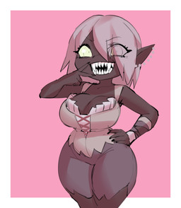 big_breasts breasts cleavage clothed clothed_female clothed_humanoid clothing dark_body dark_skin fangs female female_humanoid grey_body grey_skin hand_on_hip humanoid_pointy_ears not_furry pointy_ears sharp_teeth simple_background smile solo standing teeth thick_thighs wide_hips wrappings borvar v_rising teef_(hunter) humanoid vampire 2022 digital_media_(artwork) hi_res