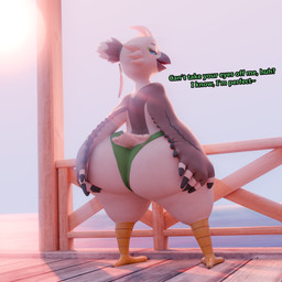 anthro big_butt butt clothing femboy hand_on_butt looking_at_viewer looking_back male panties sea smug solo text thick_thighs underwear water wide_hips young young_male supersuperrare hiddenmask18_(modeler) nintendo the_legend_of_zelda tulin_(tloz) avian rito 1:1 3d_(artwork) digital_media_(artwork) hi_res