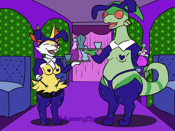 anthro beverage breasts clothing duo female fluffy fluffy_chest long_stockings maid_collar maid_uniform panties rabbit_ears service smile underwear uniform maximilianofox nintendo pokemon braixen flygon generation_3_pokemon generation_6_pokemon human mammal pokemon_(species) 4:3 hi_res