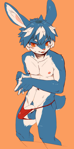 anthro asian_clothing balls blue_balls blush bodily_fluids bulge clothed clothing east_asian_clothing erection fundoshi fundoshi_only fur genital_fluids genitals hair humanoid_genitalia humanoid_penis ineffective_clothing ineffective_loincloth ineffective_thong japanese_clothing kemono long_ears male mostly_nude navel nipples penis precum simple_background solo tail topless underwear underwear_only wardrobe_malfunction white_penis kuroisumi lagomorph leporid mammal rabbit 2026 hi_res