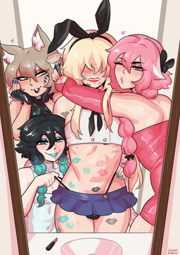 black_hair blush bulge clothed clothing crossdressing femboy group hair kiss_mark light_body light_skin looking_at_viewer male one_eye_closed pink_eyes pink_hair smile loggus_doggus fate_(series) genshin_impact mihoyo re:zero type-moon astolfo_(fate) ferris_argyle venti_(genshin_impact) animal_humanoid cat_humanoid felid felid_humanoid feline feline_humanoid human humanoid mammal mammal_humanoid 2025 absurd_res hi_res