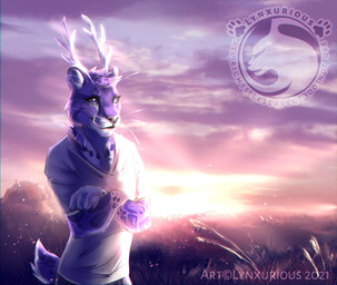 anthro antlers crossed_arms fur hair horn male purple_background purple_body purple_eyes purple_fur purple_hair scut_tail short_tail simple_background solo spots sunset tail lynxurious cleovelot clouded_leopard deer felid hybrid mammal new_world_deer pantherine white-tailed_deer hi_res