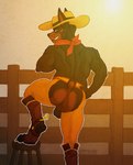 anthro anus back_muscles balls big_butt butt chaps clothing cowboy cowboy_hat fence genitals hat headgear headwear kerchief looking_at_viewer male muscular muscular_anthro muscular_male paw_shoes presenting presenting_hindquarters simple_background smile solo paxemerson manny_the_cowboy canid canine canis dobermann domestic_dog mammal pinscher absurd_res hi_res traditional_media_(artwork)