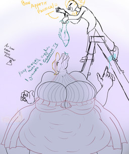 anthro belly big_belly big_breasts blonde_hair breasts clothing duo feeding female hair hat headgear headwear ladder male overweight overweight_anthro text fih-art aquatic baleen_whale cetacean fish human mammal whale 2026 english_text hi_res sketch